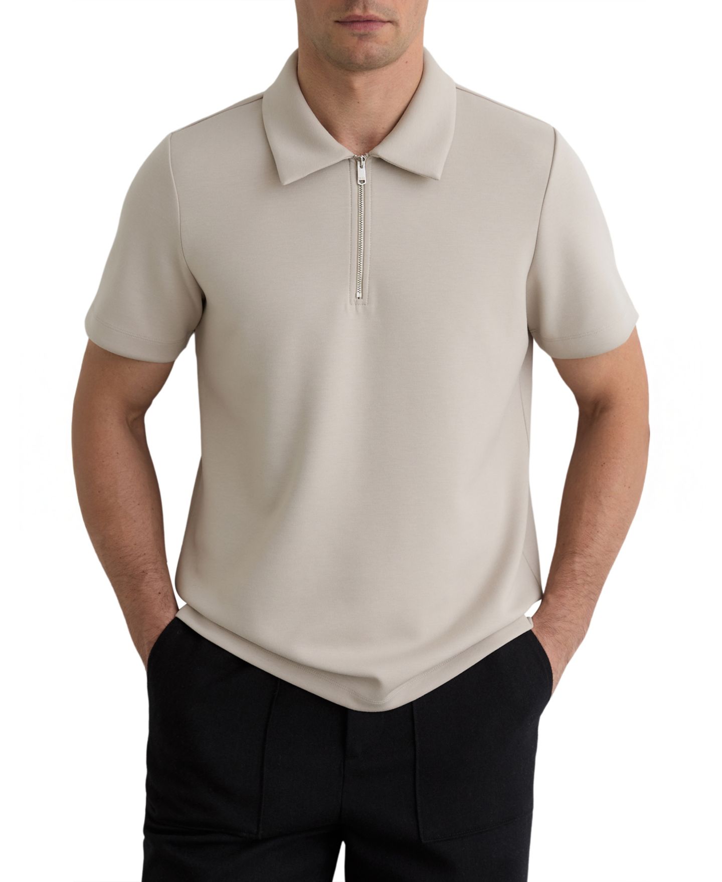 Мужское поло REISS Lord Premium Interlock Half-Zip Polo Shirt, цвет: Серо-бежевый — фото 1