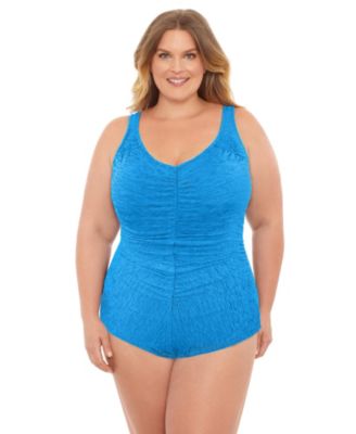 Plus Size Chlorine Resistant Shirred Front Girl Leg One-Piece Swimsuit