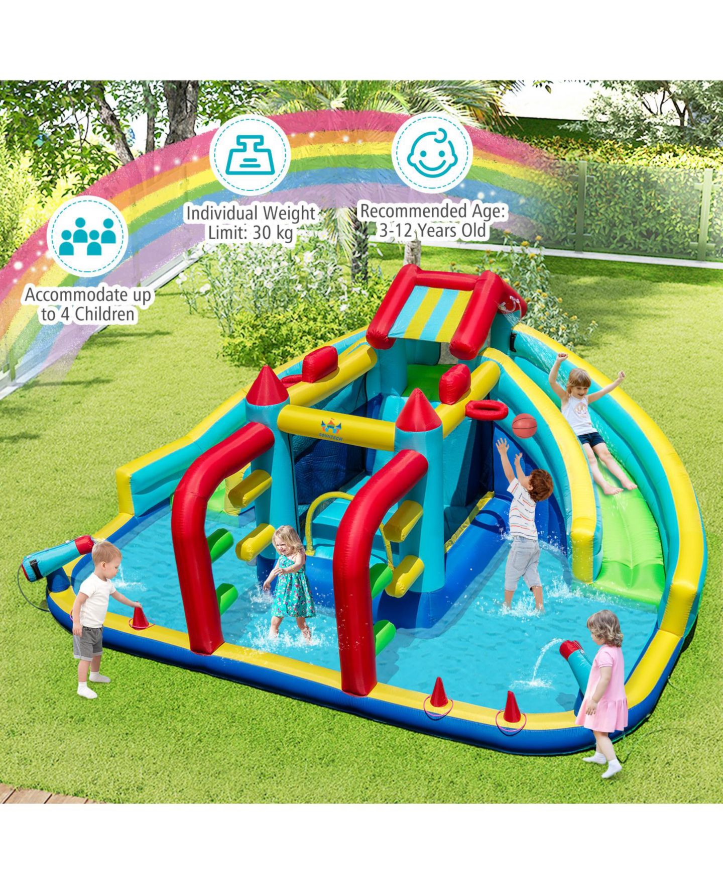 Детская игрушка Mecale Inflatable Double Water Slide Park, 186"L x 146"W x 87"H, with Obstacle Course & 735W Blower, Ages 3-12, цвет: Синий — фото 8