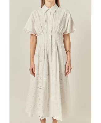 Women's Cinched Waist eyelet Midi Dress