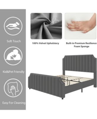King Platform Bed Frame 50 Inch Headboard Velvet Vertical Tufted Headboard Footboard Nailhead No Box Spring