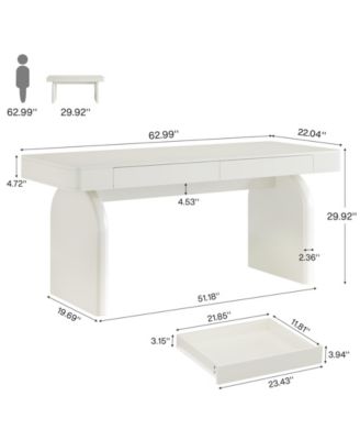 White Desk with Drawers, 63-Inch Modern Executive Office Desk, Glossy Elegant Work Study Desk Writing Table for Home Office