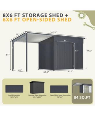 Outdoor Open-Sided Storage Shed with Attached Hardtop Metal Pergola