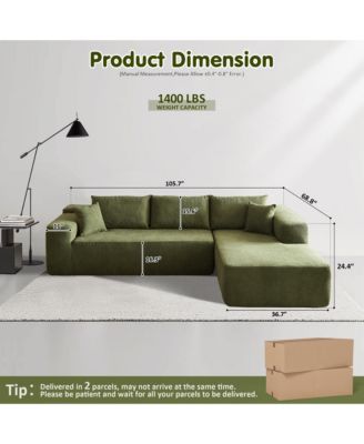 104" No Assembly Required Cloud Sectional Sofa, L-Shape Couch Chaise Lounge with Deep Seat and Wide Armrest for Living Room Bedroom