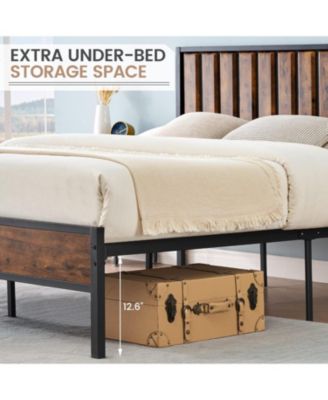 Rustic Full Bed Frame With Headboard Metal Platform Farmhouse Heavy Duty No Box Spring Easy Storage