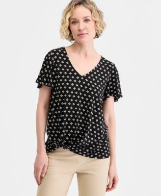 Women's Printed Short Sleeve V-Neck Twist-Front Top