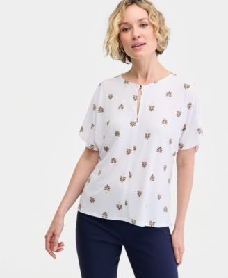 Women's Short Dolman Sleeve Printed Keyhole Knit Top