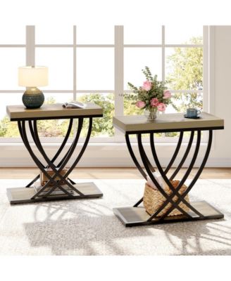 Side Table Set of 2, 2-Tier Narrow End Table for Living Room, Industrial Nightstand with Metal Frame, Small Bedside Tables