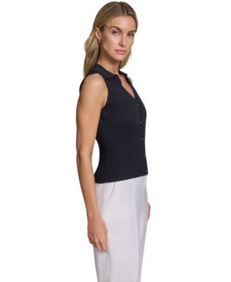 Women's Sleeveless Button-Front Collared Sweater