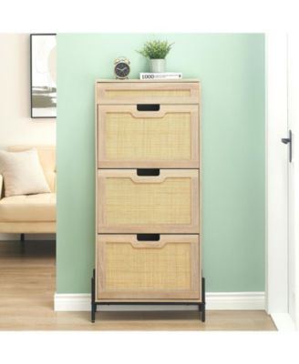 Rattan Shoe Cabinet with 3 Flip Doors and Drawer Freestanding Shoe Organizer with Adjustable Shelves
