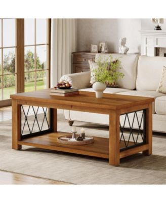 47.2" Solid Wood Coffee Table, Farmhouse Rectangular Center Table, 2-Tier Low Cocktail Tea Table