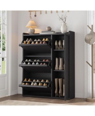 Cabinet with 3 Flip Drawers and Side Door Hidden Shoe Organizer with Adjustable Shelves Freestanding Wooden Shoe Cabinet.