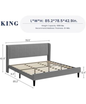 King Bed Frame Wingback Headboard Vertical Stripe Velvet 2 Storage Pockets Wood Slats Easy Assembly Light Grey