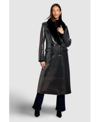 Women's Faux Fur Collar Sequin Longline Coat