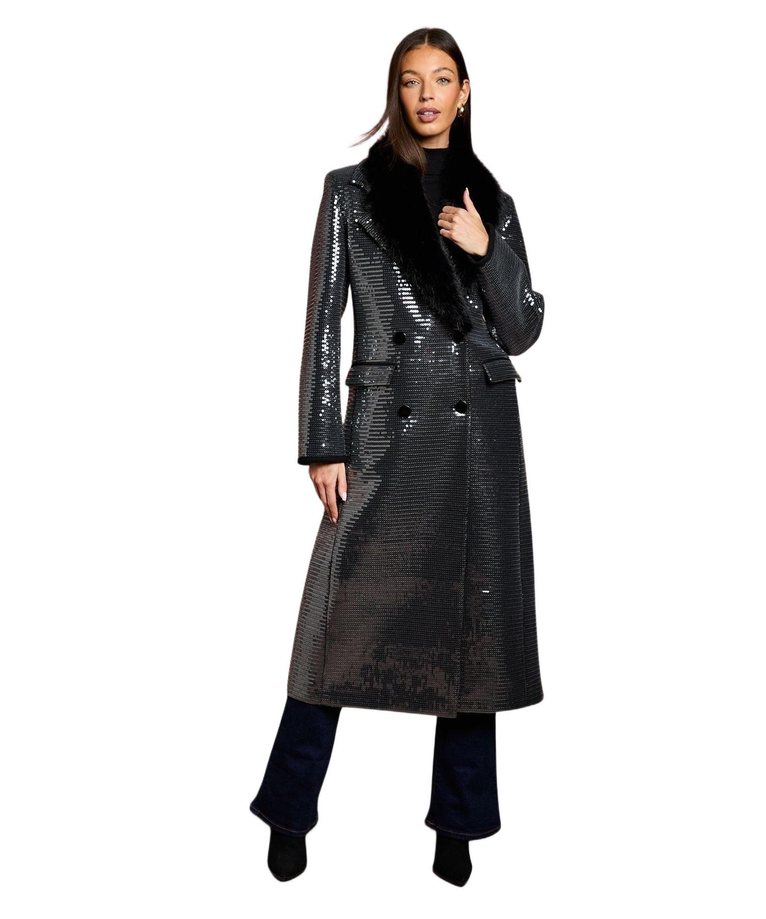 Women's Faux Fur Collar Sequin Longline Coat