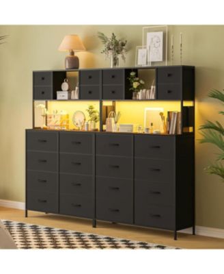12-Drawer Dresser with Power Outlet & Open Shelves - LED Light Wood Top Metal Frame Fabric Dresser for Bedroom, Hallway