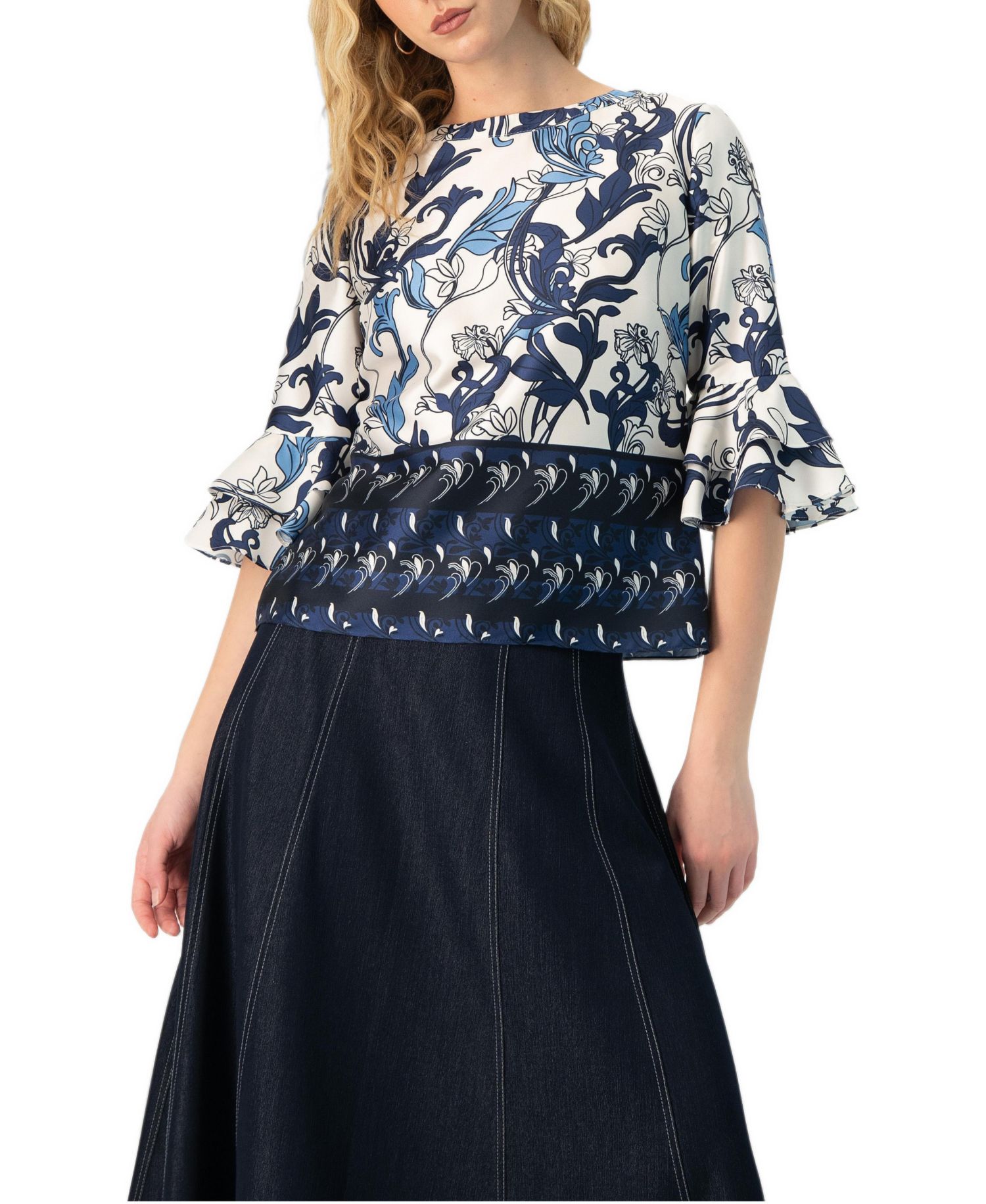 Women's Floral Blouse with Sleeve Ruffles