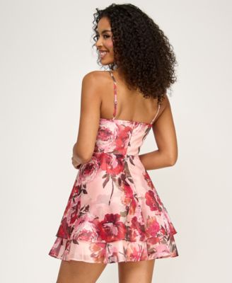 Juniors' Floral Printed Square Neck Short Dress