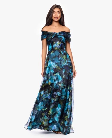 Petite Printed Off-The-Shoulder Ball Gown - Black Teal