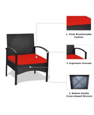 3 PCS Patio Wicker Rattan Furniture Set Coffee Table & 2 Rattan Chair w/ Cushion