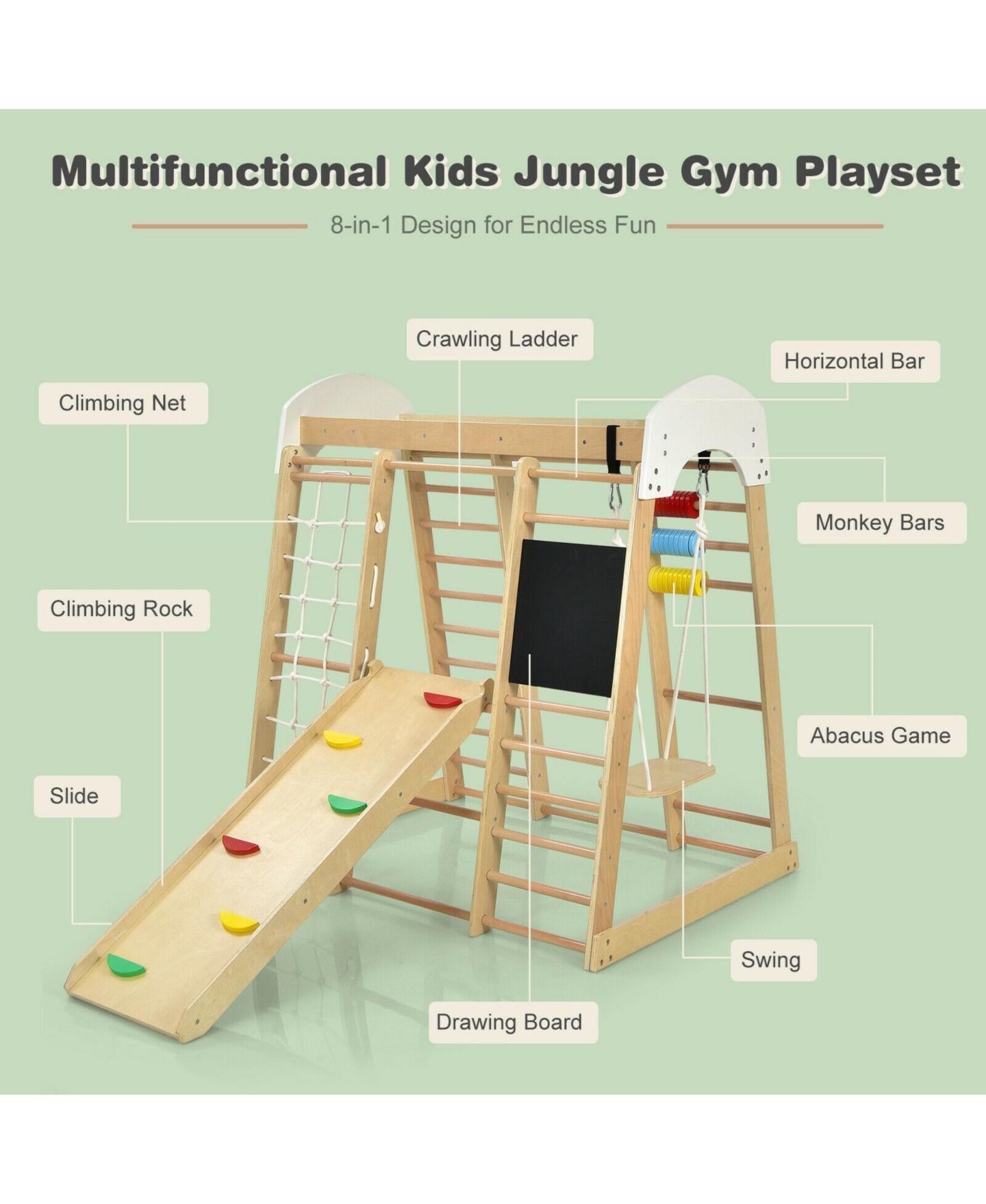 Детский игровой набор HONGGE Indoor Playground Climbing Gym Wooden 8-in-1 Climber Playset for Children, цвет: Натуральный — фото 8