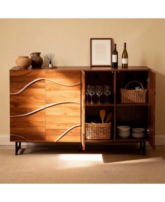59" Modern Solid Wood Sideboard with Wave Relief & Iron Legs