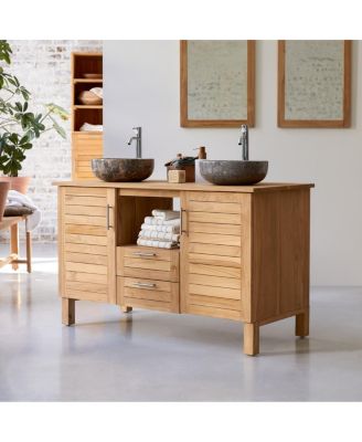 Solid Teak Wood Vanity Cabinet Wash Stand Adjustable Drawers Bathroom Furniture