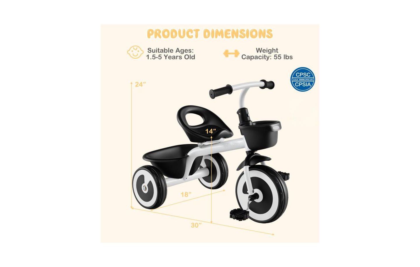 Детская игрушка HONGGE Toddler Tricycle with Adjustable Seat and Storage Baskets, Ages 1.5-5, цвет: Чёрный — фото 3