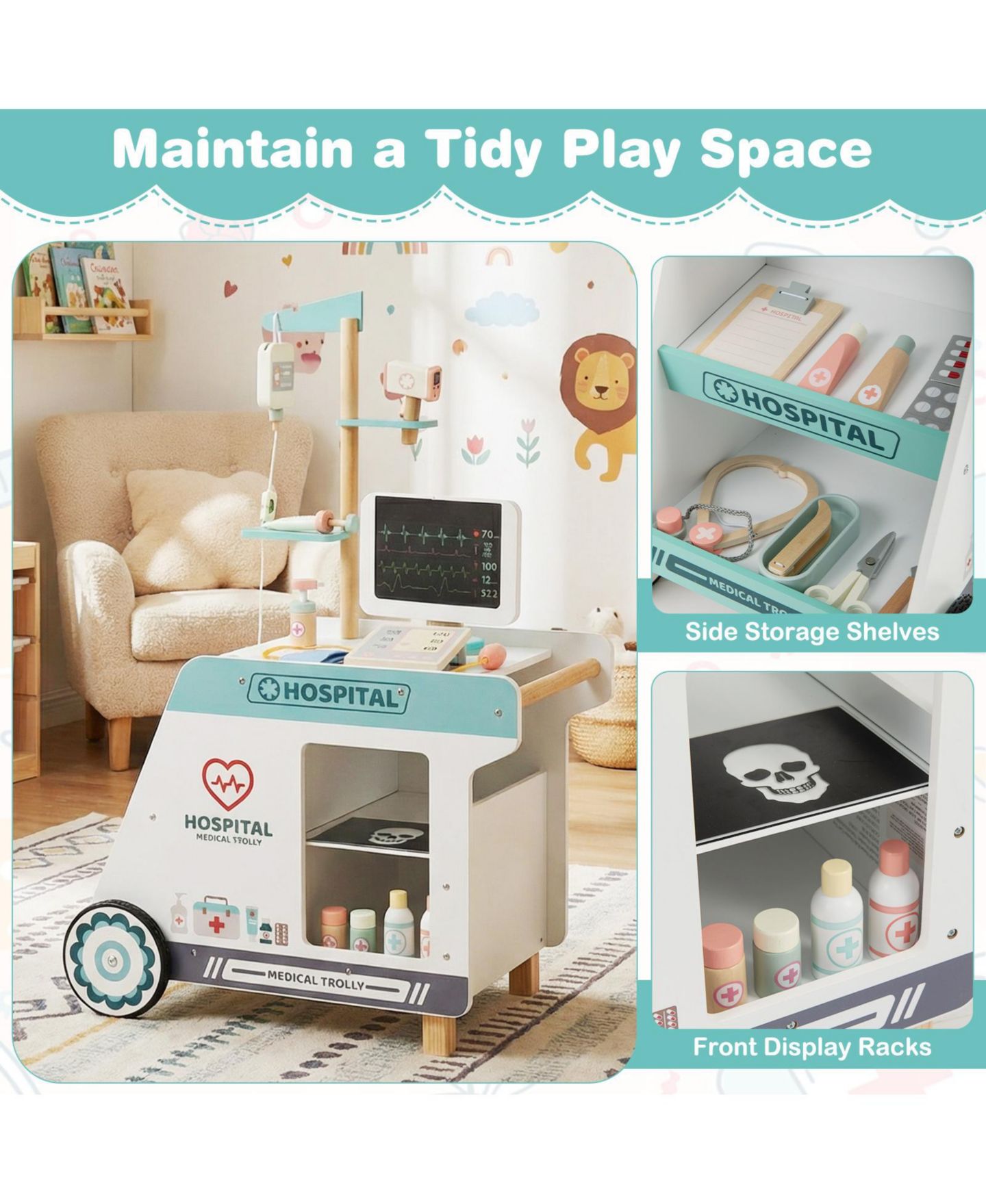 Детский игровой набор Slickblue Doctor Wooden Cart Playset, 1-Piece, Ages 3+, цвет: Зелёный / Белый — фото 6