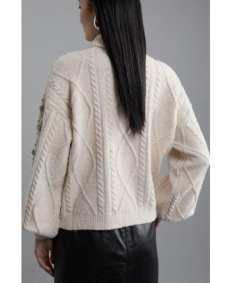 Women's Wool Blend Embellished Cable Knit Jumper