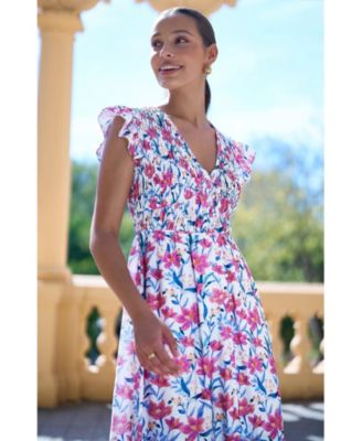 Women's Viscose Floral Ruched Waist Midi Dress