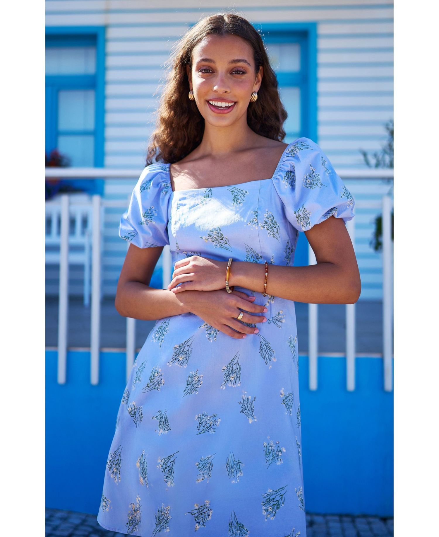 Women's Cotton Floral Puff Sleeve Skater Dress