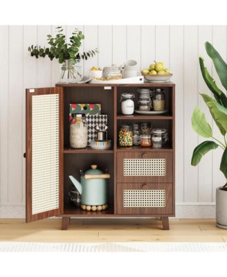 Rattan Buffet Cabinet, Kitchen Sideboard with 2 Drawers for Living Room, Dining Room, Entryway (Walnut)