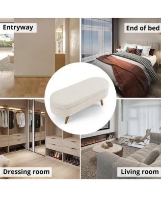 Oval Storage Ottoman Bench - Upholstered End of Bed Bench with Safety Hinge Flip Top and Solid Wood Legs for Bedroom (Beige)