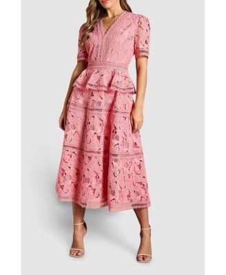 Women's V Neck Tiered Lace Midi Dress