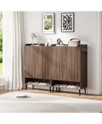 Shoe Cabinet with Doors, 6-Tier Shoe Organizer with 2 Doors & Additional Hooks for Hallway, Entryway