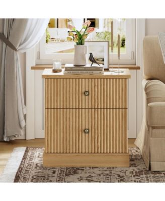 Fluted Nightstand with Drawers, Mid Century Modern Bedside Table, Light Wood Nightstand with Storage