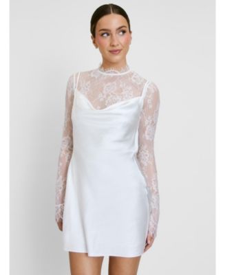 Six Stories Women's Lace Sleeve Cowl Satin Mini Dress - White