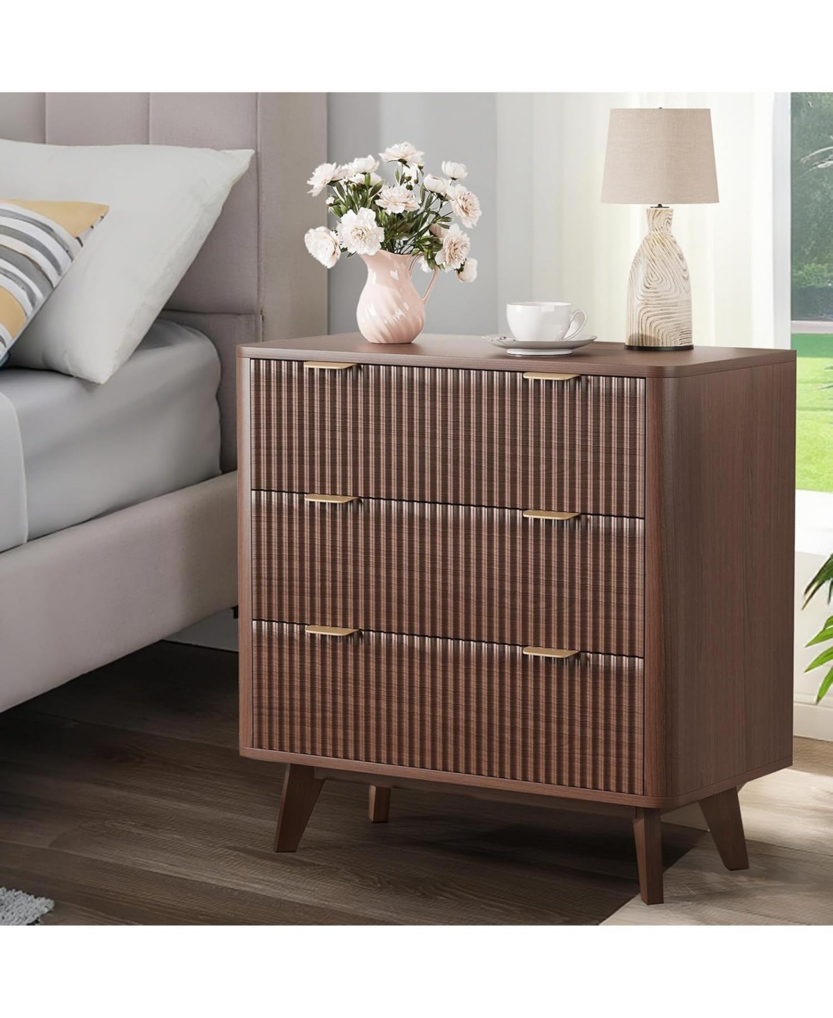 gaomon Width Fluted Nightstand Set of 2, Modern 3 Drawer Bedside Table with Faux Marble Top, Wood Chest of Bedside Table with Curved Profile