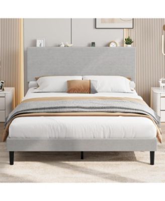 Queen Size Bed Frame with USB Charging Station, Corduroy Upholstered Platform Bed Frame with Adjustable Storage Headboard, Wooden Slats Support