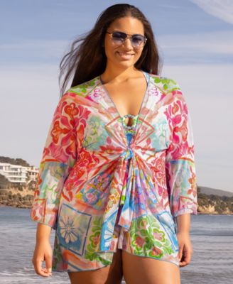 Plus Size Mijas Tie-Front Stretch Mesh V-Neck Cover-Up Tunic