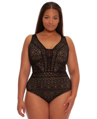 Plus Size Color Play Crochet Plunge One-Piece Swimsuit