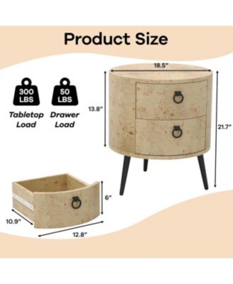 Modern Round Wood-Grain Side Table with 2 Drawers and Metal Legs