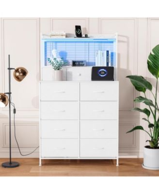 Rustic Dresser for Bedroom with Charging Station, App Controlled RGB LED, Tall Dresser Storage Organizer with 11 Fabric Drawers