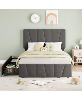 Twin Bed Frame with Adjustable Headboard & 4 Storage Drawers, Velvet Tufted, Wood Slats, No Box Spring Needed