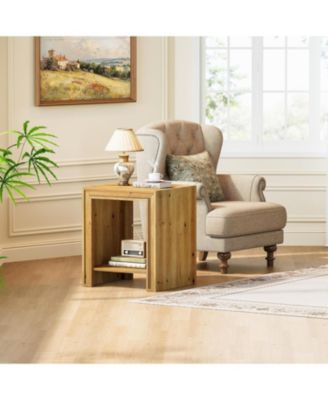 Solid Wood End Table, 2-Tier Farmhouse Side Table with Storage Shelves