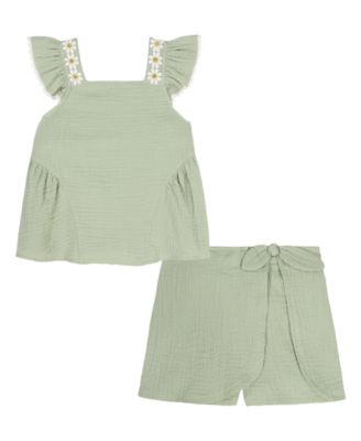 Girls' 2T-6X Crinkled Muslin Daisy Trim Tunic and Wrap Shorts, 2-Piece Set