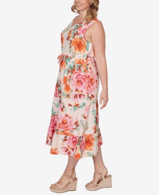 Plus Size Drawstring Waist Floral Linen Tiered Dress