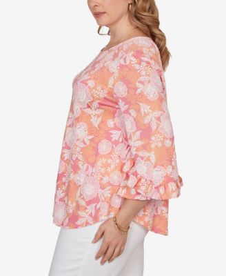 Plus Size Floral Puff Print Ruffle Knit Top