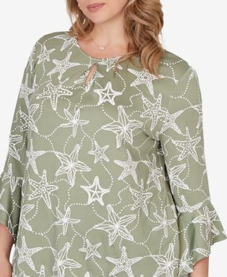 Plus Size Starfish Puff Print Flutter-Sleeve Top